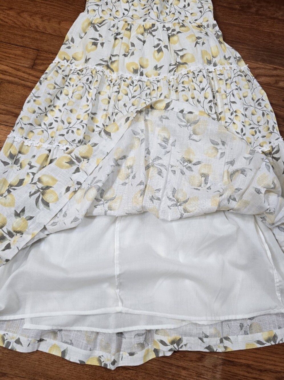Haute Hippie Lemon Print Tiered Midi Dress Crochet Trim Sz.6 Cotton Cottagecore - Picture 13 of 15